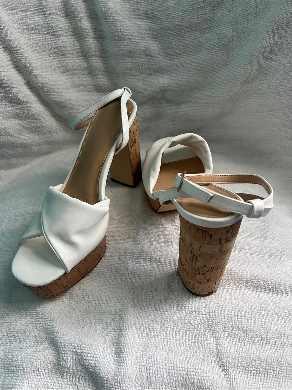 JustFab White Cork Platform Ankle-Strap Heels Size 9.5 White Block Heels